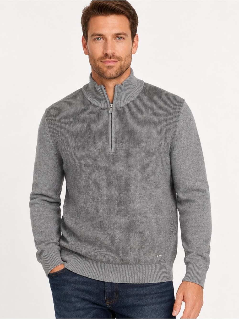 Michael Kors 100% Cotton Half-Zip Mock Neck Sweater Gray Men's Size Large